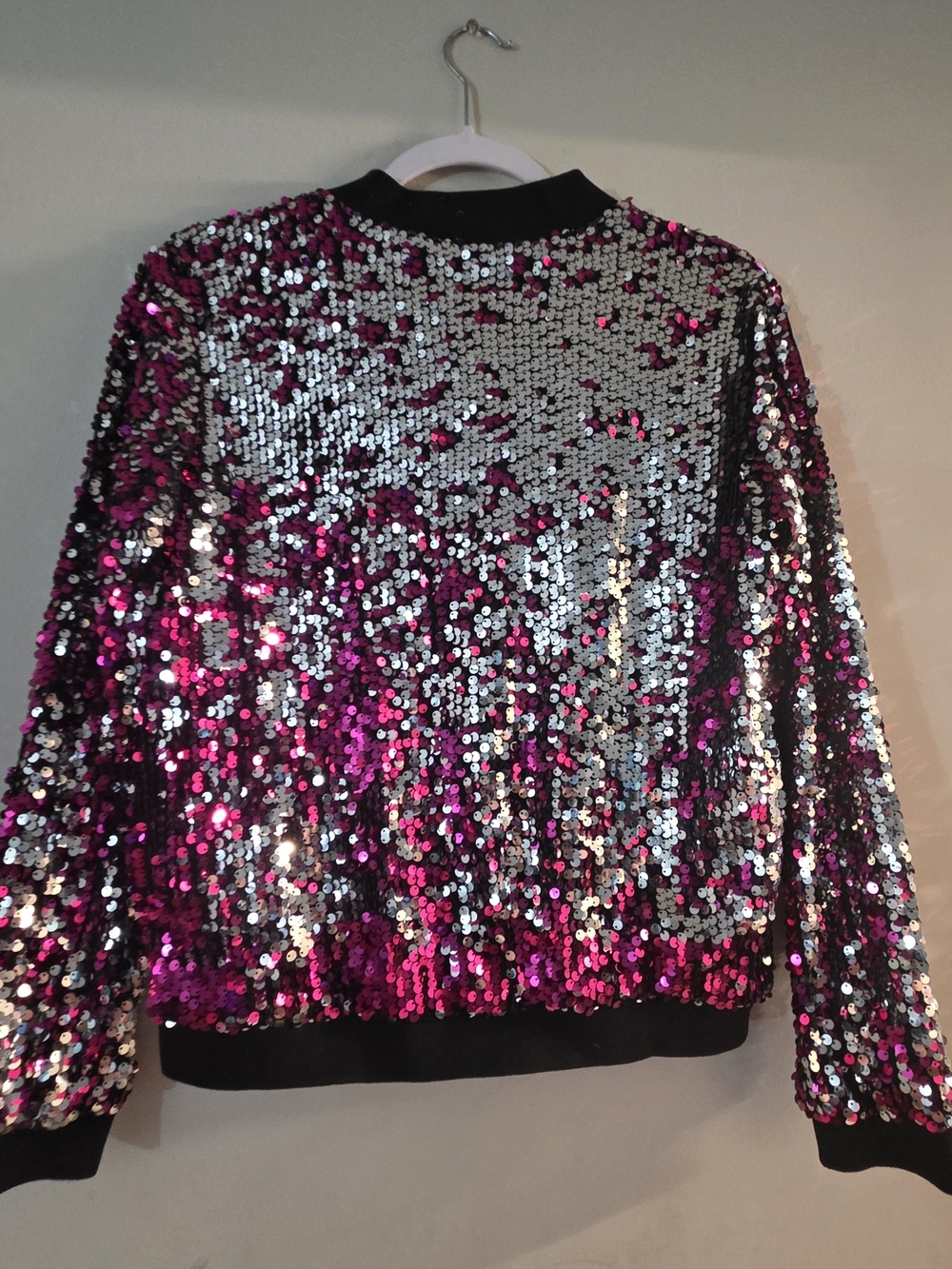 Girls' Silver and Fuchsia Sequin Bomber Jacket